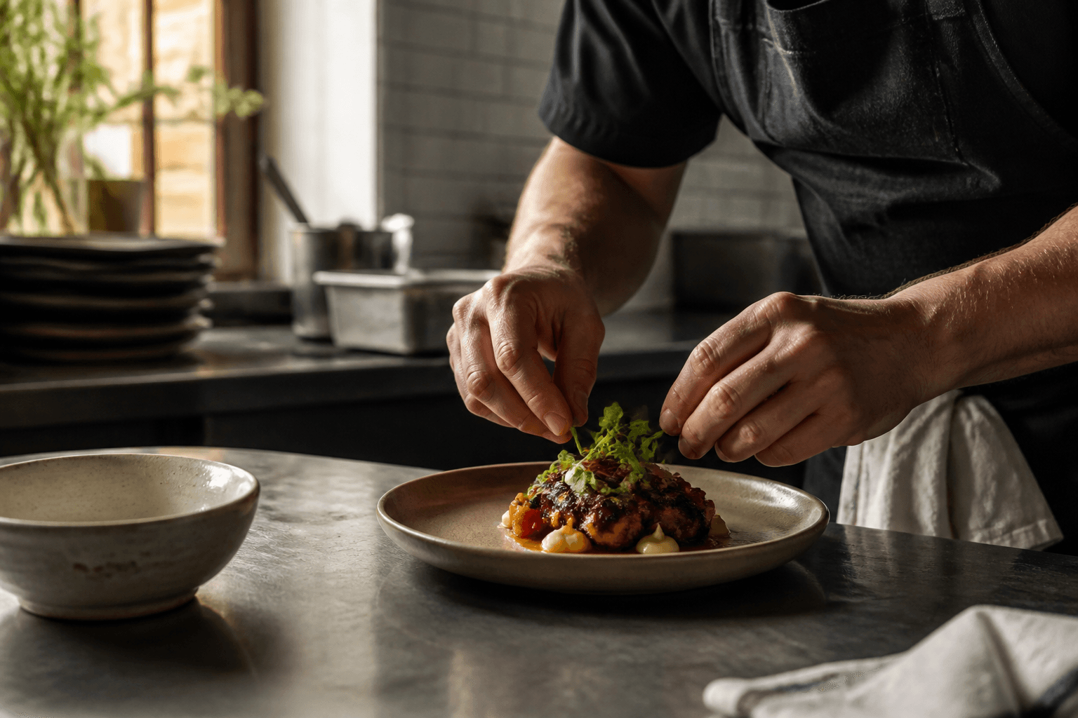 A chef finishing a dish in a neighborhood restaurant