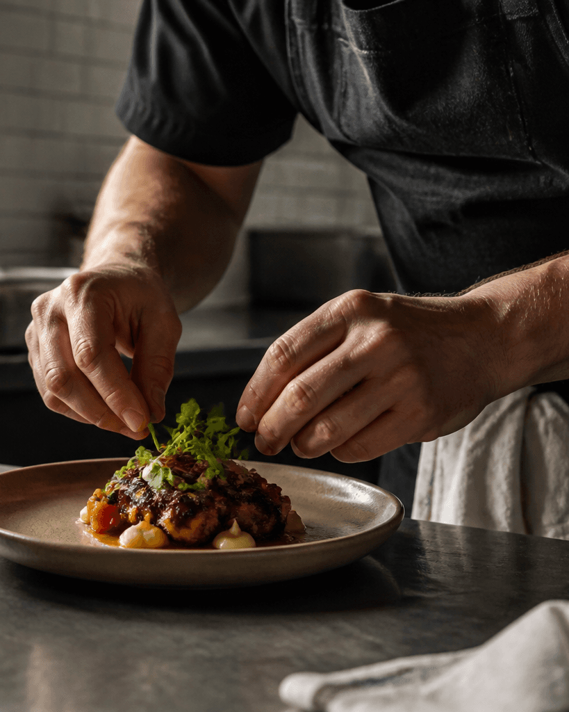 A chef finishing a dish in a local restaurant