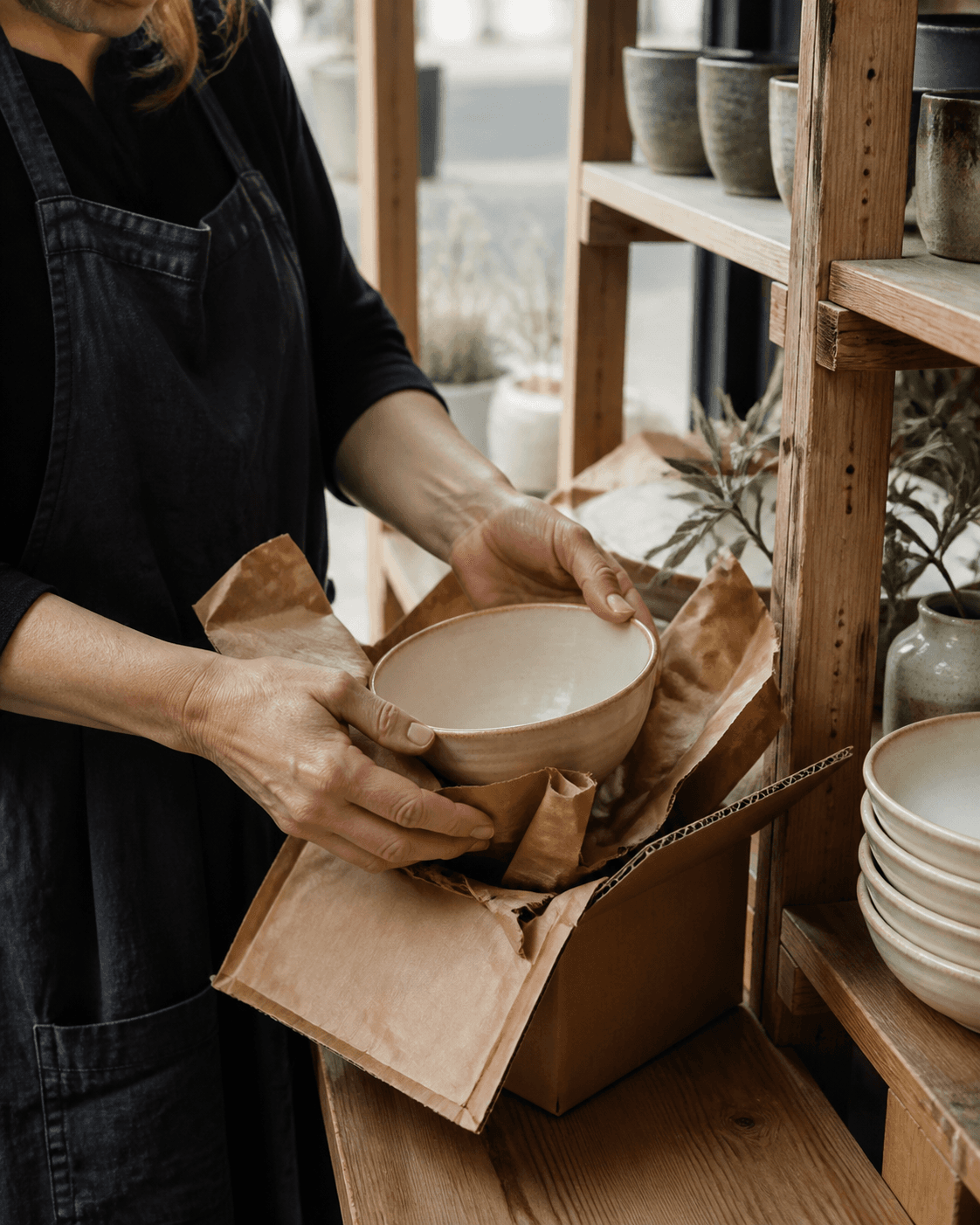 A shop owner unpacking a new ceramic product