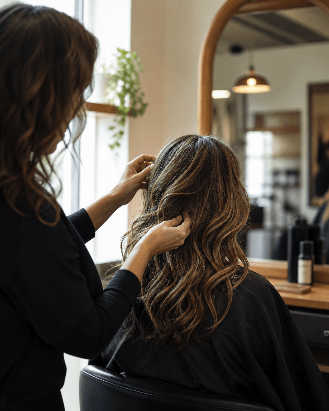 A stylist finishing a client’s hair in a local salon