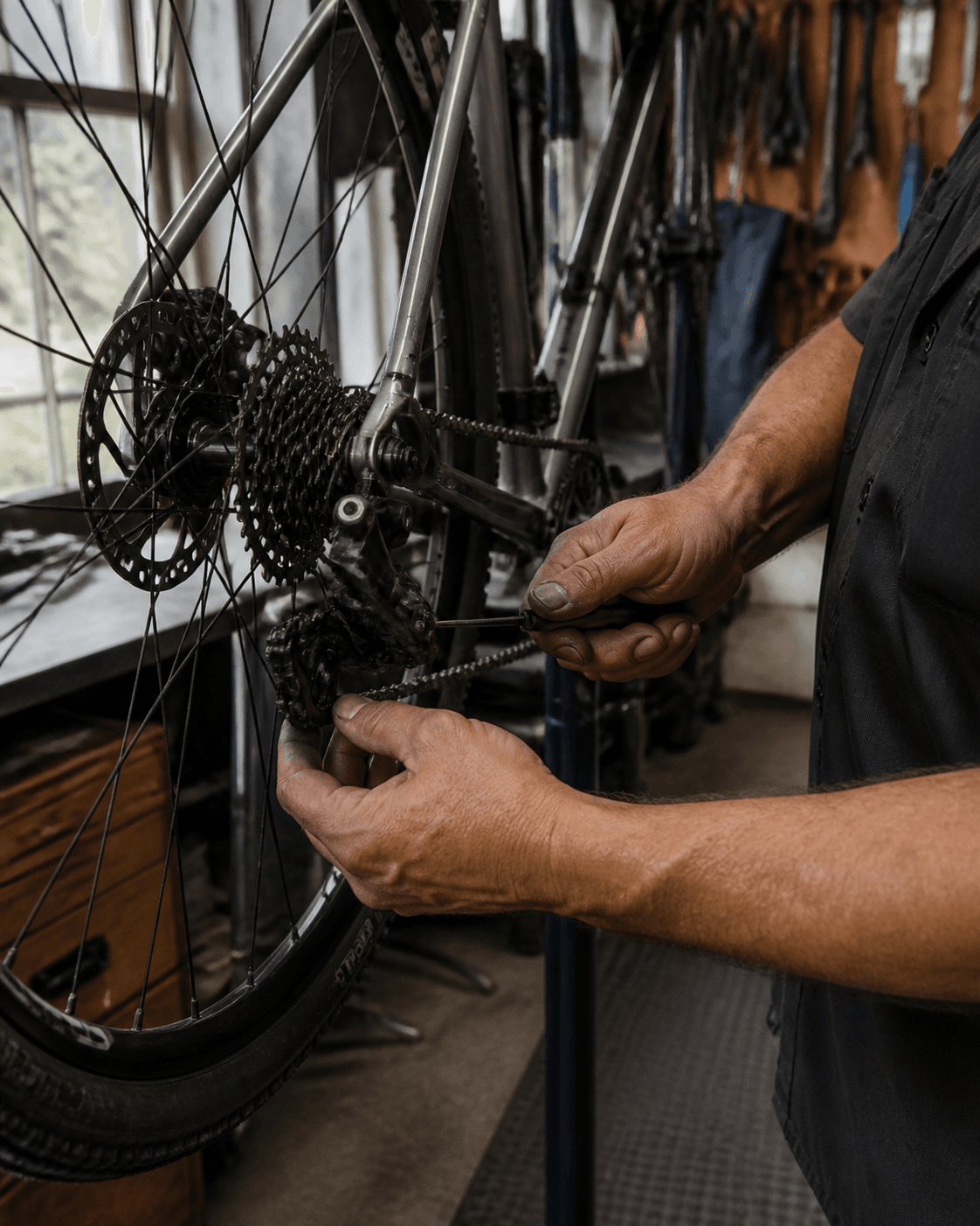 A bicycle mechanic working on a customer’s bike